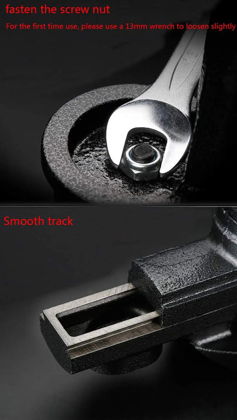 Portable Clamp On Table Vise With 360 Degree Rotation, Heavy Duty Bench Vise For Workbench Or Desktop, 3.2 Inch Jaw Opening, Edge Clamp Up To 2.9 Inch Thick, Perfect For DIY Woodworking And Metalworking Projects. Close-up of steel clamp nut and smooth track
