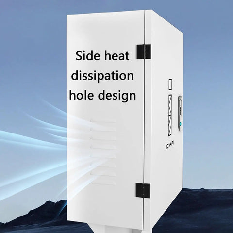 Tough Outdoor EV Charger Enclosure And Secure Lock Box Cover For Wall Mounts Features Cold Rolled Steel with heat dissipation holes.