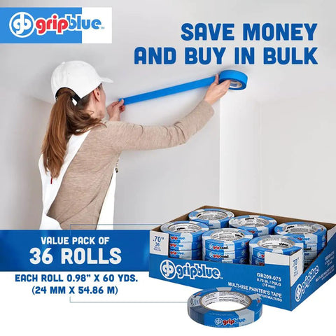 Person applying blue painter's tape from the Blue Painter's Tape Three Quarter Inch Wide 36 Roll Pack For Sharp Clean Lines On Walls And Trim Multi Surface Masking Tape With No Bleed No Residue And Easy Removal For Indoor And Outdoor Use 60 Yards Per Roll, showing clean lines and bulk package of rolls.