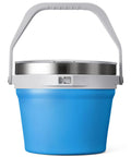 Rock Solid 7 Liter Insulated Ice Bucket With Handy Bottle Opener Double Wall Vacuum Stainless Steel Drink Cooler Holds Six Longnecks Or Three Wine Bottles For Backyard Bashes And Chill Gatherings Blue, shown in a side view with white handle.