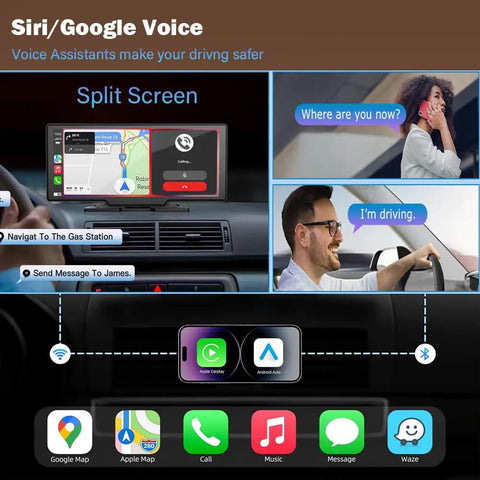 All In One Wireless CarPlay Screen For Cars With 10.26 Inch 4K Front Dash Cam showing split screen and voice control features