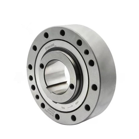 Front view of a silver steel backstop device for gear reducers, one-way clutch component, with bolt-hole flange