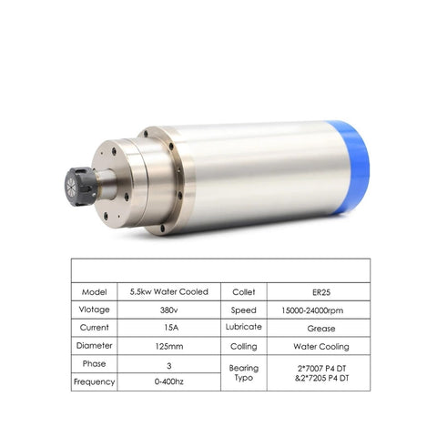 Built Tough Water Cooled CNC Spindle Motor With ER25 Chuck And Four Bearings For Heavy Duty Milling Engraving Drill showing 5.5kw design.