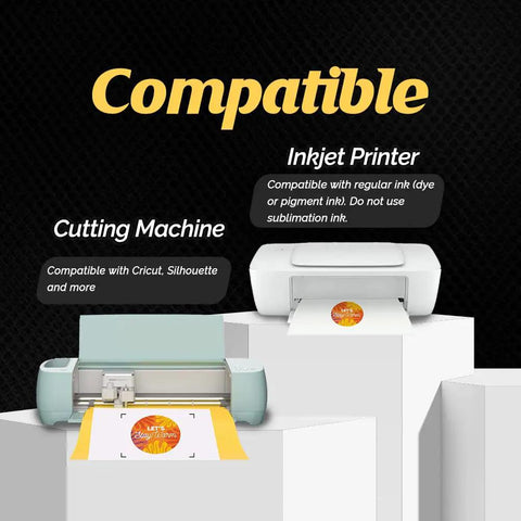 Printable Heat Transfer Paper For T Shirts 20 Sheets Eight Point Five By Eleven Inkjet Compatible Iron On Transfer For Dark And Light Fabrics DIY Friendly Cotton Polyester Denim And More, image showing compatibility with inkjet printer and cutting machines.