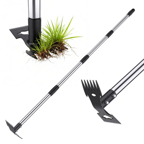 2 In 1 Weed Puller And Garden Hoe With Adjustable Long Handle For Standing Uprooting, Deep Root Removal Weeder Rake And Hoe Combo