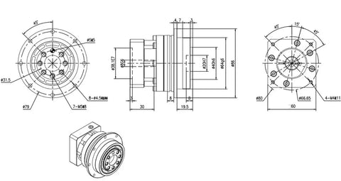 Premium 3 Arcmin Low Backlash Planetary Gearbox For Nema23 Stepper Motor, detailed technical drawing showing dimensions and flange design.