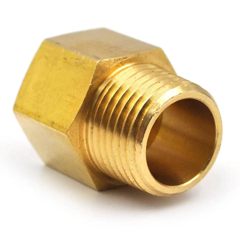 Close-up of brass pipe fitting reducer, 1/2 inch NPT male to 1/2 inch NPT female connector, used for garden hose and plumbing.