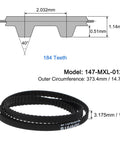 184 Tooth Timing Belt With Closed Loop Pulley Gear Cogged Rubber Drive Belt 14.7 Inch Length 0.125 Inch Wide Fiberglass Cord Reinforced technical diagram