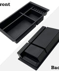 Front and back view of black tray for Center Console Organizer For 2014 To 2018 Silverado 1500, 2015 To 2019 Silverado 2500HD And 3500HD.