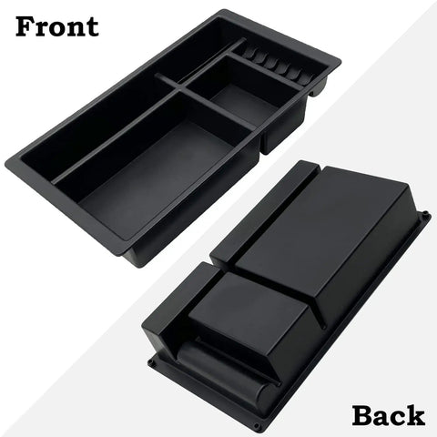 Front and back view of black tray for Center Console Organizer For 2014 To 2018 Silverado 1500, 2015 To 2019 Silverado 2500HD And 3500HD.