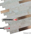 Close-up of Peel And Stick Backsplash Tiles 10 Sheet Self Adhesive Stone Grain PVC Wall Sticker in beige with brushed bronze accents.