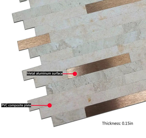 Close-up of Peel And Stick Backsplash Tiles 10 Sheet Self Adhesive Stone Grain PVC Wall Sticker in beige with brushed bronze accents.