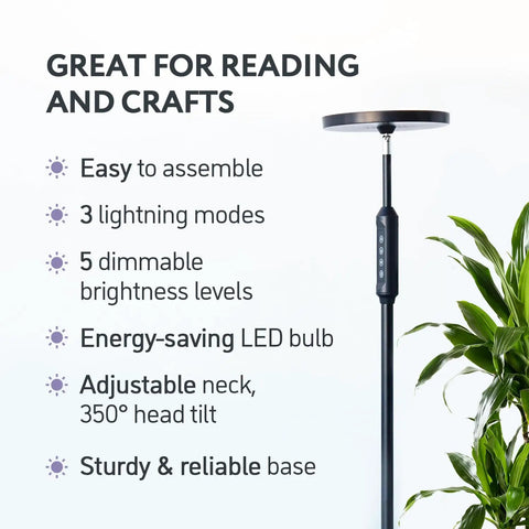 Lit 24W LED Daylight Floor Lamp Free Standing Uplight Torchiere for living room or bedroom with features list and plant