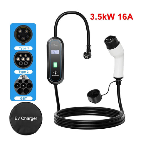 Heavy Duty Portable Ev Charger 3.5Kw 16A Type 1 J1772 with display, plug and cable for electric vehicle charging.