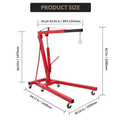 2 Ton Cherry Picker Engine Hoist Folds Flat To Save Bay Space Rolls Smooth On Six Heavy Duty Casters Includes Hand Pump For Garage Crew Auto Projects 4400 Lb dimensions measurements