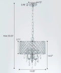 Modern Crystal Pendant Light With Drum Shade In Chrome 4 Light Chandelier For Bedroom Kitchen Island Dining Room Hanging Ceiling Fixture Featuring Glass Crystal Drops For A Lux Minimal Look, dimensions visible