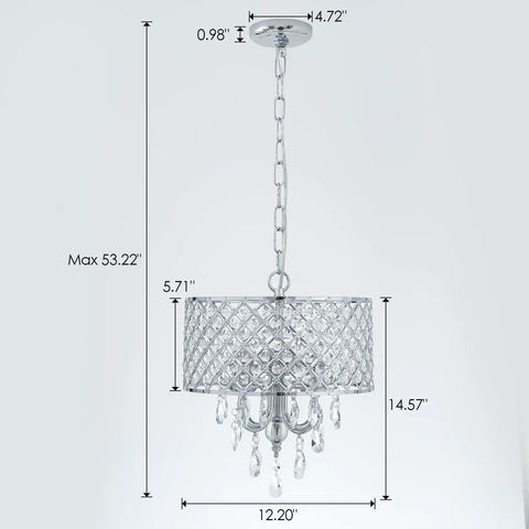 Modern Crystal Pendant Light With Drum Shade In Chrome 4 Light Chandelier For Bedroom Kitchen Island Dining Room Hanging Ceiling Fixture Featuring Glass Crystal Drops For A Lux Minimal Look, dimensions visible