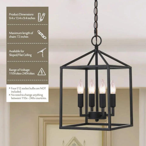 Vintage Foyer Lantern Pendant Light With 4 Light Iron Matte Black Chandelier Hard Wired Fixture UL Listed Retro Design