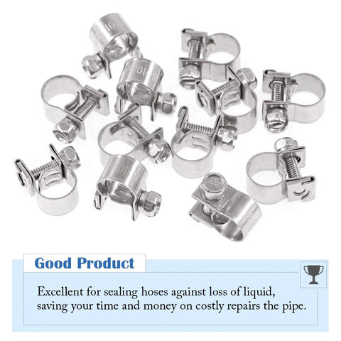 12-piece stainless steel mini fuel-injection hose clamps set, adjustable 8–10mm.