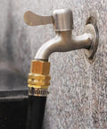Beefy 3/4 FHT to 1/2 MIP Brass Hose Adapter for Garden Hose Fitting Union attached to outdoor tap