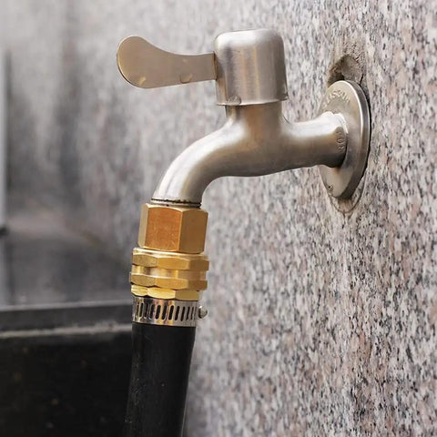 Beefy 3/4 FHT to 1/2 MIP Brass Hose Adapter for Garden Hose Fitting Union attached to outdoor tap