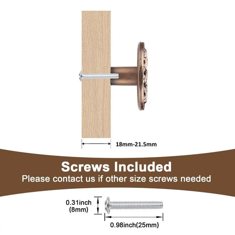 Installation details of Antique Copper Single Hole Cabinet Handles Set, 12 Pack, Solid Zinc Alloy With Floral Embossed Drawer Pulls.