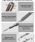 Graphic showing features of a precision screwdriver such as ergonomic design, anti-slip texture, magnetic attraction, and magnetic ring.