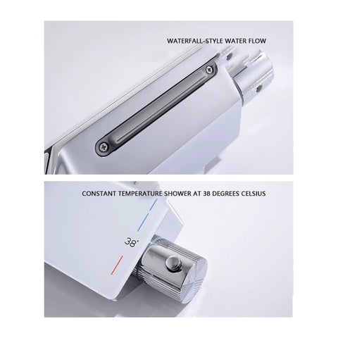 RIBEUJIZS Digital Shower System with waterfall-style water flow and temperature control at 38 degrees Celsius.