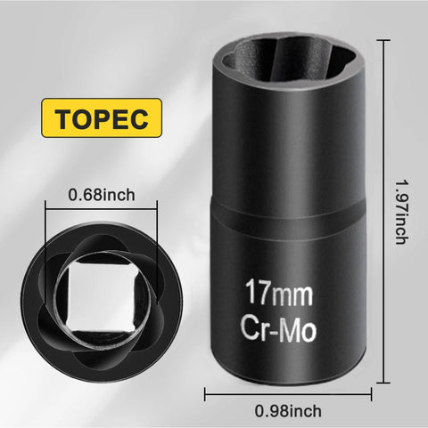 17mm Lug Nut Remover For Stripped Bolts And Rounded Nuts Wheel Lock Removal Kit, side and top view with dimensions