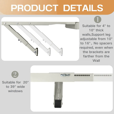 No Drill Window AC Bracket easy install with adjustable steel legs, fits 20 to 39 inch windows, heavy duty for up to 220 pounds.