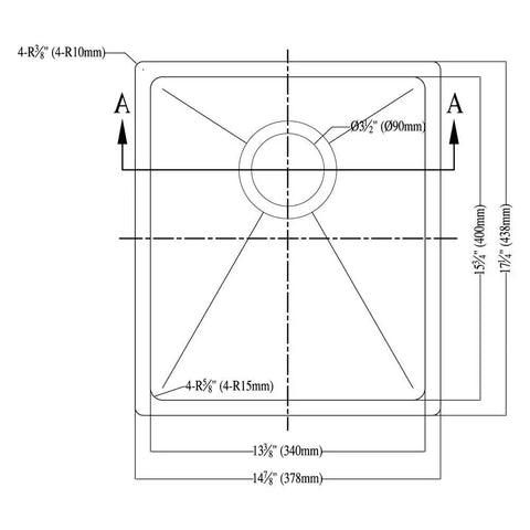 Technical drawing of Undermount Single Bowl Bar Sink In Polished Satin Finish, 18 By 10 Chrome Nickel Stainless Steel, 18 Gauge 304 Grade.