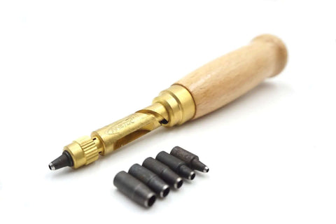 Adjustable Hole Punch For Bookbinding And Crafts With Six Punch Sizes 1.5mm To 4mm Wood Handle Steel Brass Construction No Hammer Needed