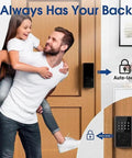 Knock Fumbling Keys To The Pavement With This Rock Solid Smart Lock Featuring An Illuminated Touchscreen Keypad App Control Keyless Entry Electronic Deadbolt Made For Front Doors on wooden door with father and child.