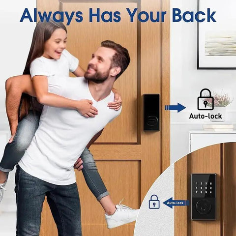 Smart Keyless Entry Door Lock With Touchscreen Keypad And Smartphone App Control Electronic Deadbolt For Front Doors shown on a wooden door with a man and child.