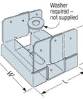 Illustration of ABA44Z Post Base 4x4 Adjustable Slotted Standoff in ZMAX Galvanized Finish with dimensions labeled.