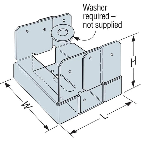 Illustration of ABA44Z Post Base 4x4 Adjustable Slotted Standoff in ZMAX Galvanized Finish with dimensions labeled.