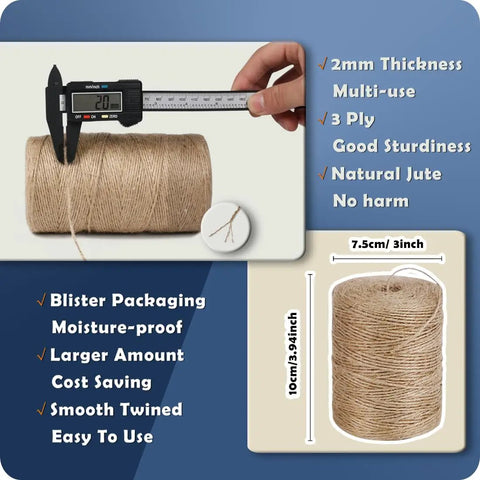 2 Pack 2mm Natural Jute Twine String 1600 Feet Total, shown with measurement caliper and packaging details.