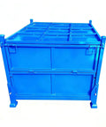 Built Like A Tank Heavy Duty Steel Storage Cage With Collapsible Stackable Design For Warehouse And Workshop Parts Handling, blue color.