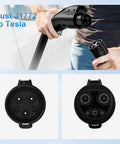 J1772 To Tesla Charger Adapter For Model 3 Y X S Cybertruck Road Trip Ready Up To 80A 250V Fast Level 2 Charging Converts J1772 EV Plug To NACS For Tesla Wide Vehicle Compatibility UL 2252 Certified, showing top and side views.