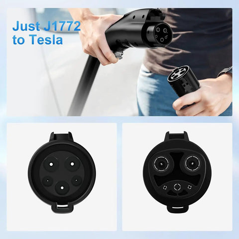 J1772 To Tesla Charger Adapter For Model 3 Y X S Cybertruck Road Trip Ready Up To 80A 250V Fast Level 2 Charging Converts J1772 EV Plug To NACS For Tesla Wide Vehicle Compatibility UL 2252 Certified, showing top and side views.