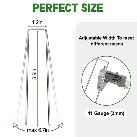 Heavy Duty 6 Inch Garden Stakes 25 Pack Anti Rust 11 Gauge Galvanized Ground Staples with dimensions and caliper measurement
