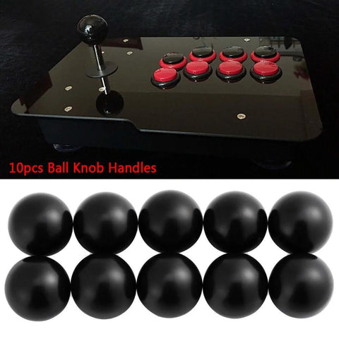 Universal Ball Knob Set For Machines, 10 Pcs Plastic Round Black Handles, Comfortable Grip, shown with joystick and buttons.