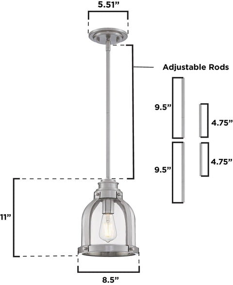 Retro Vibe One Light Indoor Mini Pendant Light With Hand Blown Clear Glass Shade And Brushed Nickel Finish, dimensions view