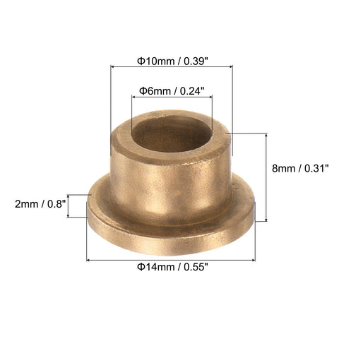 12 Pack Flange Sleeve Bearings Self Lubricating Sintered Bronze Bushings 6mm Bore 10mm OD with 14mm Flange Dia, 2mm Thickness