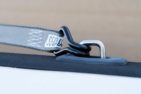 Close-up of Beefy 4 Pack Ratchet Tie Down Straps One And One Quarter Inch By 16 Foot With Vinyl Double J Hooks in use for securement