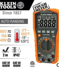 Digital Auto Ranging Multimeter For AC DC Voltage And Current With Temperature Frequency Capacitance Duty Cycle Diode And Continuity Tests 1000V CAT IV 600V CAT III 1000V Safety Built Tough And Drop Ready Orange tool with display and controls