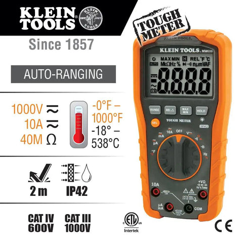 Digital Auto Ranging Multimeter For AC DC Voltage And Current With Temperature Frequency Capacitance Duty Cycle Diode And Continuity Tests 1000V CAT IV 600V CAT III 1000V Safety Built Tough And Drop Ready Orange tool with display and controls