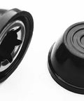 Black hub caps for bikes and trikes, 3/8 inch axle fit, snap-on design, shown front and back, 2 pack