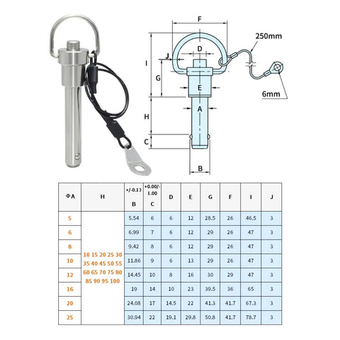Heavy Duty 12mm Stainless Steel Quick Release Ball Lock Pin For Line Array Speakers with dimensions and specifications chart.