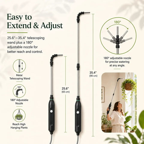 Super Handy High Reach Plant Waterer For Indoor Plants With Telescoping Wand From 25.6 To 35.4 Inches And 2000mAh Rechargeable Indoor Watering Device With 6.8 Foot Hose And Spray Nozzle For Hanging Baskets And Window Plants, showing adjustable wand and nozzle.